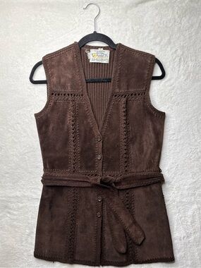Sweater Bee - Vintage Brown Suede Leather Knit Belted Vest, Bohemian